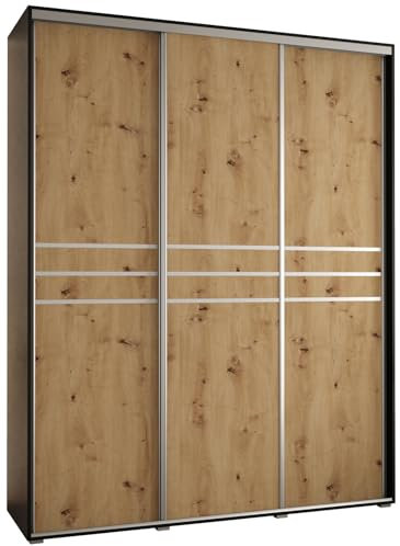 MEBLE KRYSPOL Davos 10 200 Schrank mit DREI Schiebetüren für Schlafzimmer - Moderner Aufbewahrungsschrank mit Kleiderstange und Regalen - 235,2x200x45 cm - Schwarz Artisan Silber