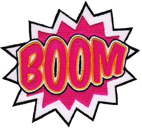 BOOM Rosa Sprechblase Spruch Aufnäher zum aufbügeln oder aufnähen Bügelbild Aufbügler für Kleidung gestickter Bügelpatch Applikation Patch Größe 8,8 x 7,5 cm