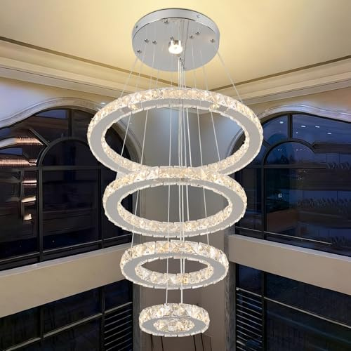 Finktonglan 4-Ringe Kristall LED Pendelleuchte, 20/30/40/50 cm, 67W 3500K | 3500K Warmweiß, nicht dimmbar, 30-120 cm höhenverstellbar, K9 Kristall und Edelstahl für Wohn- und Esszimmer