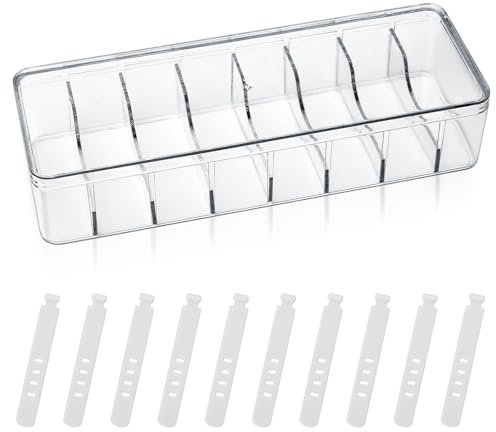 Data Cable Storage Box, Cable Management Box, Plastic Transparent Charging Cable Organizer Box with Lid, Cable Tidy Box with 8 Grid for Power Cord Organizer Cable Wire Organiser with 10 Wire Ties