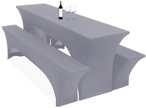 3er-Set Biertischhussen, 220 x 50 x 70 cm hussen bierzeltgarnitur, hellgrau, Stretch-Bezüge für Biertisch-und Bankgarnituren, Bierbankhussen, Spandex-Bierzeltgarnitur für Bankett, Gartenmöbel-Bezüge