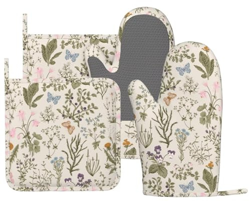 MIFSOIAVV Ofenhandschuhe und Topflappen, Vintage-Design, Wildblumenkräuter, Blumenmuster, rustikal, Schmetterling, Silikon, Küchenhandschuhe, Topflappen, hitzebeständig, 4 Stück