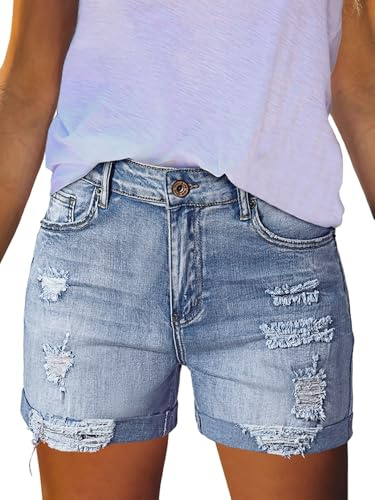 Sovoyontee Damen Hohe Taille Denim Kurze Hose Destroyed Sommer Kurz Jeans Ausgefranste Distressed Zerrissener Jeans Blau L