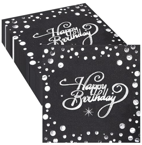Wnddle 20 Stück Servietten Happy Birthday, Geburtstag Servietten Happy Birthday, Servietten Geburtstag Schwarz Silber, Schwarz Folierte Geburtstagsservietten, für Junge Mädchen (Silber)