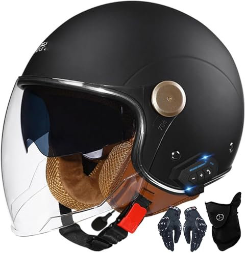 Kcolic Casco Moto Bluetooth 3/4 Cuffie E Microfono Integrati con Visiera Parasole Retrattile Mezzi Caschi Moto Stile Vintage Certificazione DOT/ECE Casco Jet Integrale B