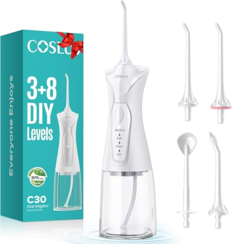 COSLUS C30 Portable Water Dental Flosser Pick Teeth, Upgraded DIY Mode | 300ML Larger Tank, 4 Modes for Family Gentle & Precision Oral Care, Rechargeable Cordless for Home Travel Use,Bright White