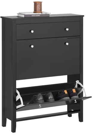 SoBuy Armoire à Chaussures Commode à Chaussures Meuble de Rangement à Chaussures 2 abattants Meuble d'entrée Coffre Rangement pour Chaussures avec Un Grand Tiroir Noir – 80x25x108 cm, FSR89-SCH
