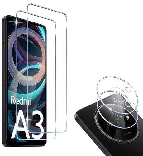 HidWee Cristal Templado Compatible con Xiaomi Redmi A3, 2 Piezas Protector de Pantalla + 2 Piezas Protector de Lente Cámara, 9H Dureza Sin Burbujas Cristal Templado