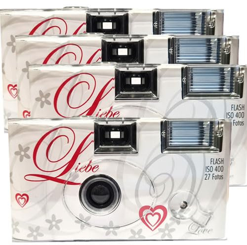 PHOTO PORST Lot de 4 appareils photo jetables 1 A Édition amour et cœurs avec flash, piles et film (lot de 4, 27 prises chacune)