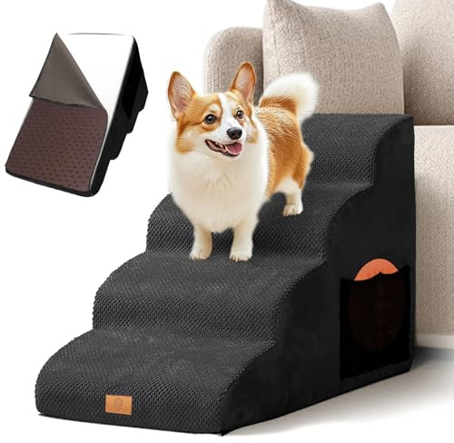 Masthome Scala per Cani Letto, Scaletta per Cani a 4 Gradini in Spugna, Rampa per Cane Antiscivolo, Scale per Animali Domestici con Fodera Rimovibile, Adatto per Animali Anziani, Giovani e Feriti