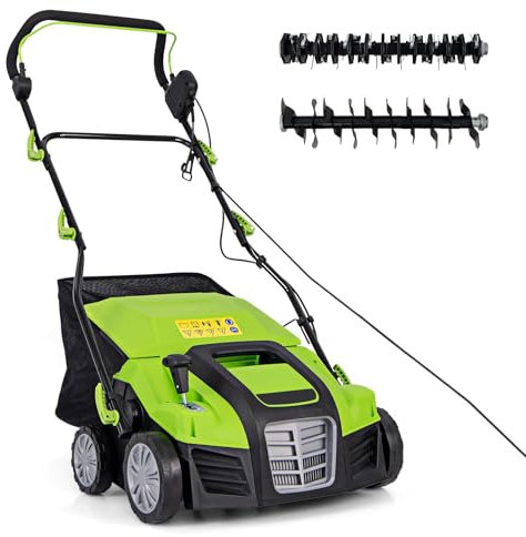 TANGZON 2000W 2-in-1 Electric Lawn Scarifier and Aerator, Garden Grass Dethatcher Rake with 40cm Working Width, 3-Position Height, 5-Position Depth Adjustment, Scarifier Weeder (Green & Black)
