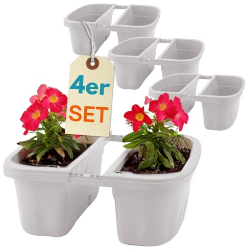 GarPet 4er Set Blumenkasten Balkongeländer Beidseitig Balkon Blumenkasten Doppelseitig Balkonkasten mit Halterung Geländerkasten mit Wasserspeicher Weiß 40 cm