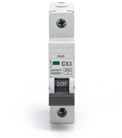 Disjoncteur automatique miniature 1P, 63 A, courbe C, couleur grise, idéal pour protéger les circuits électriques contre les surcharges et les courts-circuits avec un design compact et fonctionnel.