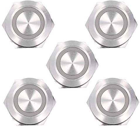 5 Stück Momentan-Drucktastenschalter, Metall, Automatische Rückstellung, Ultradünn, Wasserdicht, mit LED, 19 Mm, Tastenanzeigen, Metallanzeigen (DC3~6V Rot)