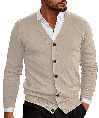 Chaqueta de punto para hombre con cuello de pico, jersey elástico, manga larga, jersey de punto fino con botones, elegante y ajustado, suéter ligero y cárdigan para hombre con bolsillos, suéter