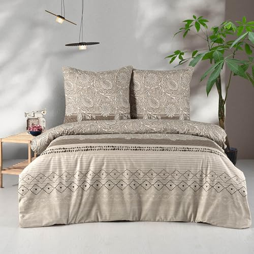 Bettwäsche 155x220 Braun 2-teilig Baumwolle Bettbezug Warm - Kuschelig Kissenbezug Boho-Stil mit Paisley, Blatt, Geometrisch Muster Bettwäsche-Set Beige, Braun, Weiß, Gestreift & Geblümt, Mahfer