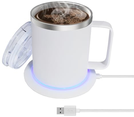 Jayijaxin USB Coffee Tea Mug Warmer with 12oz Double-Layer Stainless Steel Insulated Cup and Lid Heating Up to 131°F - 149°F Beverage Espresso Heater Set for Desk Home Office (White)