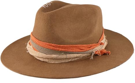 UniqKaliber Offener Straßenhut für Herren und Damen, Vintage-Rancher-Hut, Fedora-Hut, reine Wolle, Filzhut, luftdurchlässig, Panama-Hüte, braun, Einheitsgröße