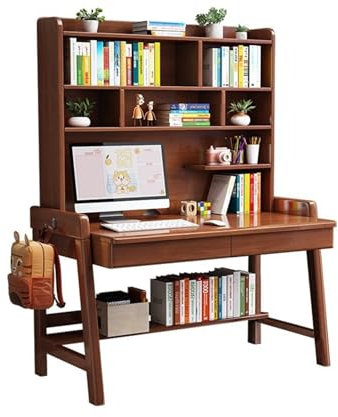 Bureau en bois massif avec bibliothèque intégrée pour bureau à domicile ou chambre à coucher Couleur noyer 80 x 60 x 186 cm