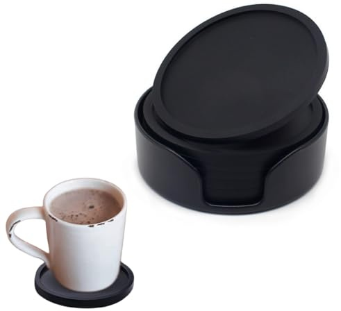 HSTWODE 6er Set Untersetzer Gläser, Silikon Glasuntersetzer rutschfest und Isoliert Glas Untersetzer-Set, Rund Glasuntersetzer mit Halter, für alle Arten von Tassen (Schwarz)