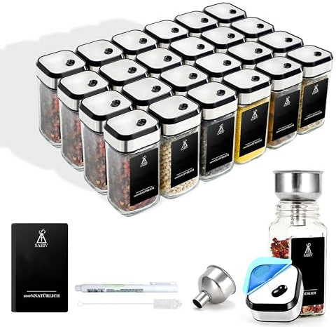 SAEIV 360° Rotation Gewürzstreuer Glas Set | Drei Kaliber, frei einstellbar | 24 Gewürzgläser Mit Gewürzetiketten | Perfekte Organisation Küche Gewürz Organizer | 120ml Gewürzdosen Glas
