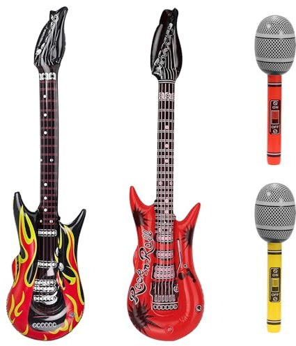 4 PCS Inflatable Guitar and Inflatable Microphone, Kids Rockstar Accessories, Blow Up Flame Guitar, for Adult and Children Concert Stage Punk Rock Instrument Party Prop Decoration