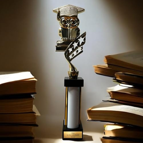 eberix · Bildung Eule Pokal· mit Wunschgravur · Trophäe mit Doktorhut-Motiv · Ehrenpreis für Schulabschluss, Kindergarten, Abitur, Bildungspreis · personalisierbar ·