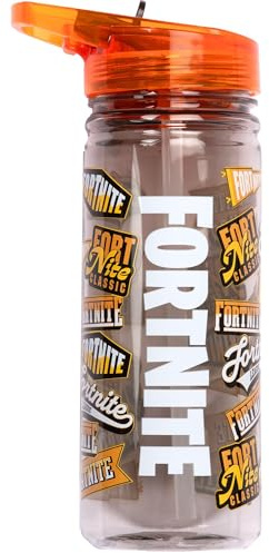 Fortnite Botella de agua con pajita de 580 ml, 100% a prueba de fugas, duradera, botella de agua escolar, plástico resistente y sin BPA, color morado