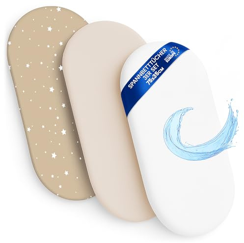 Lenzuola con angoli per passeggino Set di 3: 35x75 cm - 2 lenzuola + 1 coprimaterasso impermeabile - Accessori per lettino per culla co-sleeping carrozzina 35 x 75
