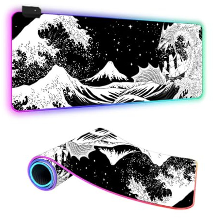 FANSU Japanischer Stil RGB Gaming Mauspad XXL, Groß Multifunktionales Mousepad mit 14 Farben LED-Licht, USB, für Computer PC Laptop Tastatur Professionelle Gamer (Drache,800x300x4mm)