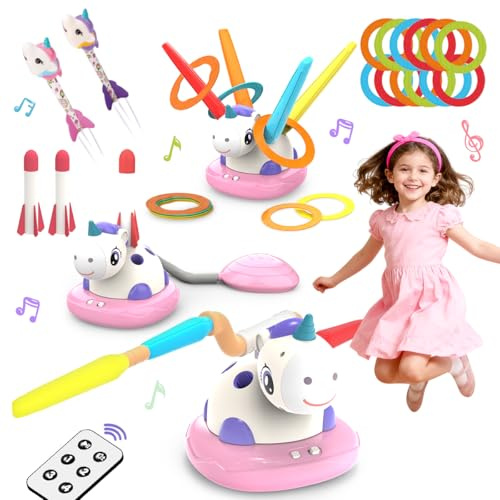3 in 1 Kids Toys with Musical Jump, Toss Ring Game Toys, Stomping Launch Rocket Launcher, Children's Sports Outdoor & Indoor Toys (unicorn)