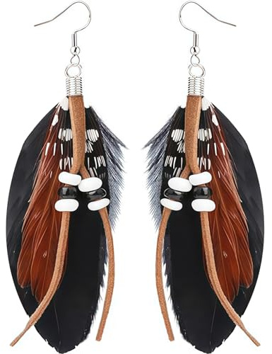 Feder Ohrringe Damen Hängend - Boho Indianer Accessoires Damen Kostüm Schmuck - Lange Federn Ohrhänger mit Perlen für Karneval, Fasching & Halloween (10 cm)