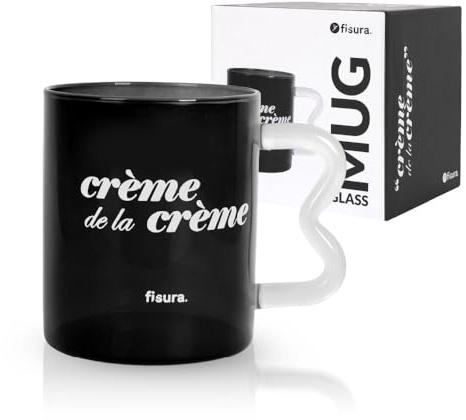 Fisura Tasse à café en verre avec message crème. Tasse en borosilicate noire avec poignée originale transparente. Gobelet en verre pour thé ou café. Capacité de 410 ml.