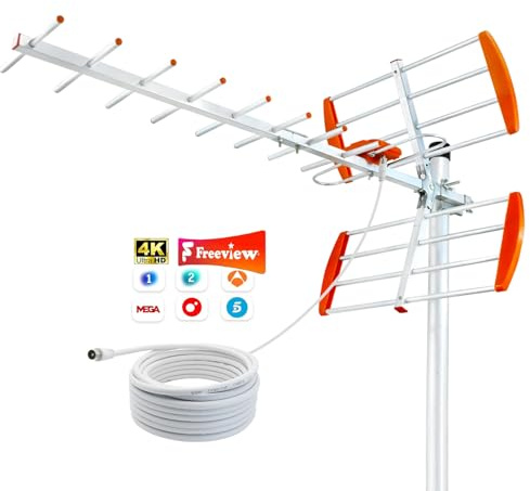 Antena TV Exterior Potente – Antena TDT HD 4K/1080P con Señal Estable UHF/VHF, Diseño Resistente a la Intemperie, Instalación en Tejado, Ático o Exterior, Cable de 10 m, Mástil No Incluido