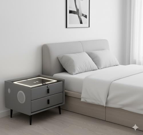BritHaus Smart Bedside Table with Wireless Charging, Bluetooth Speaker & LED Light | PU Leather Finish Nightstand with Fingerprint Lock, 2 Storage Drawers & USB Port for Modern Bedroom (Grey)