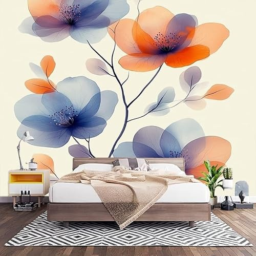 Carta da Parati Effetto 3d Fiori Astratti Ad Acquerello Decorazione Murale Panoramica Poster da Parete per Soggiorno Ufficio, Beige Chiaro Fotomurali in TNT Antimuffa e Antistrappo 200x140 cm