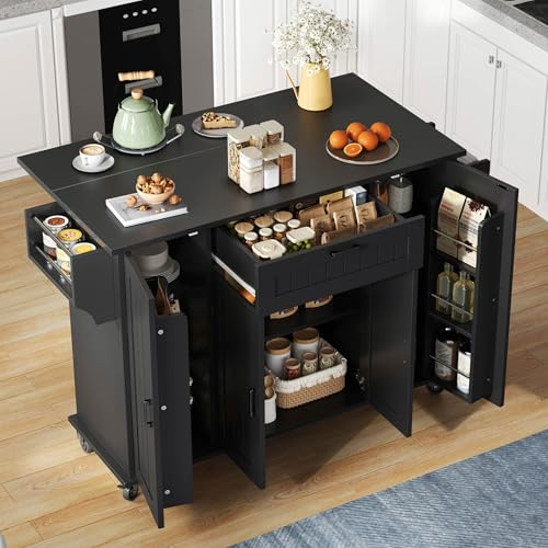 Merax Isla de cocina con encimera plegable, carrito de cocina móvil con 4 puertas, 1 cajón, estantes integrados para especias en las puertas, toallero de doble cara, 120 × 45 (70) × 95 cm/negro