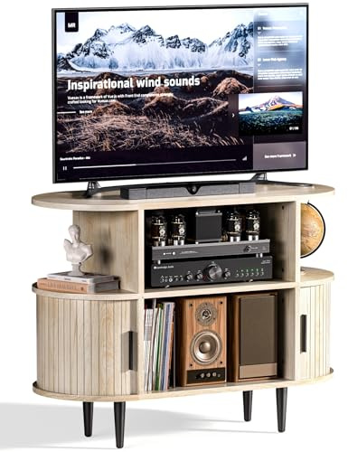 35.4 Fluted Small TV Stand, Mid Century Modern TV Stands for Bedroom, TV Entertainment Center with Storage for TVs, Media Console Cabinet with Sliding Doors for Bedroom, Living Room, Nature