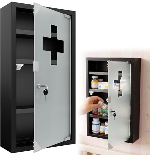 Suusolny Medizinschrank Apothekerschrank mit Glas Tür und 2 Schlüssel abschließbar Medikamentenschrank aus Edelstahl Hängend Arzneischrank - 4 Fächer 57,5 x 30 x 12 cm - Schwarz