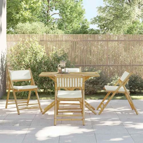 Nqyjm Faltbares Bistro-Set mit Kissen, 5-teilig, Bambus, weiß, cremefarben, Set mit Tisch und Stühlen, für Terrasse, Bistro-Stil, kleine Balkone, Terrassen