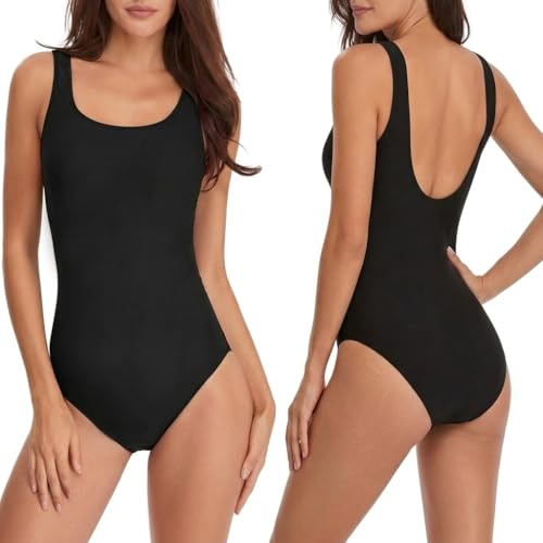Dreaku Womens One Piece Swimsuit Tummy Control Swimming Costume Push Up Ladies Swimwear Monokini with Removable Pads Scoop Back Round Neck Bathing Suits