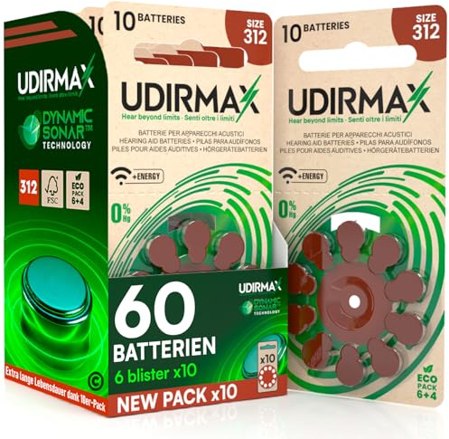 60 Batterie per Apparecchi Acustici Misura 312 Udirmax Pile PR41 Marroni Eco Pack Zinco-Aria Dynamic Sonar Qualità Audio Costante design multi-foro - 6 Blister Ecologici da 10 Pile