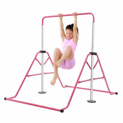 Chensyo Barra de gimnasia infantil plegable, barra de gimnasio ajustable en altura 115-155 cm, barra fija horizontal para entrenamiento de gimnasia en casa, construcción de acero estable