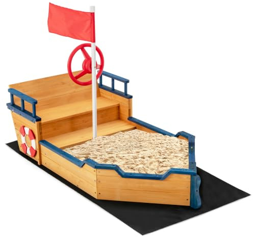 GYMAX Wooden Kids Sandbox with Bench Seats, Hidden Storage, Flag | Rudder & Non-woven Fabric Liner, Pirate Ship Sandpit Children Sand Pit for Garden