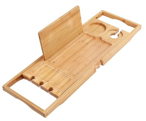 Utoplike Vassoio per vasca da bagno in bambù per vasca, organizer regolabile per vasca da bagno con libri, tablet, bicchiere di vino porta asciugamani, regalo distintivo (63-95 cm)