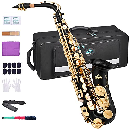 EastRock Altsaxophon für Schüler und Anfänger, schwarz lackiert, Goldschlüssel E flach mit Hartschalenkoffer, Mundstück, Kissen, Reinigungstuch und Reinigungsstab, Gurt, als Geschenk (schwarz)