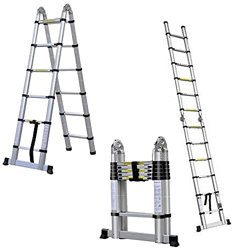 12.5FT/3.8M Aluminum Telescoping Extension Ladder Portable Multi-Purpose Folding A-Frame Ladder with Hinges(12.5ft in Straight line and 6.25ft in A-Frame), EN131 Standard