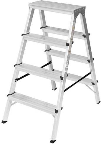 Zweiseitige Aluleiter Klappleiter Haushaltsleiter 2x4 Stehleiter Tragkraft 120kg | 4 Stufen / 120kg