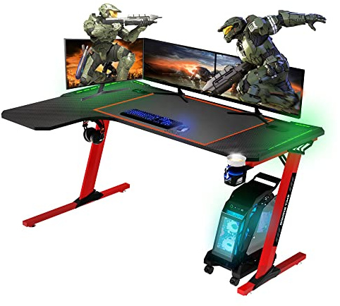 Mesa Gaming, 140cm x 60cm, Gaming Desk, Mesa Grande para Ordenador Consola PS5, Xbox Series, Patas de Acero, RGB LED, Base de Alfombrilla, Mesa Gaming Esquina