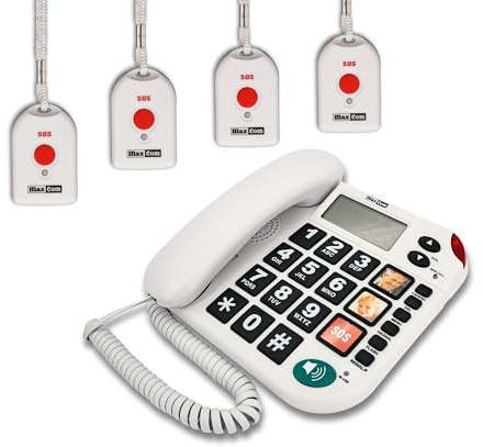 PRO+ MAXCOM (G-TELWARE®) KXT481SOS 2023-2024 Téléphone d'urgence pour personnes âgées avec émetteur SOS sans fil, téléphone fixe - 4 émetteurs manuels avec dragonne, noir carbone